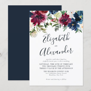 Floral Navy Blue Burgundy Elegant Script Wedding Invitation