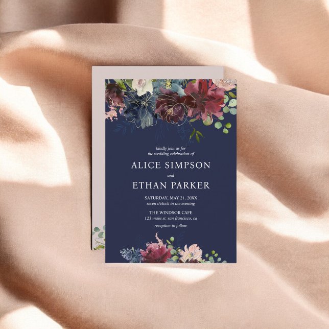 Floral Navy Blue Burgundy Luxury Wedding Invitation (Creator Uploaded)