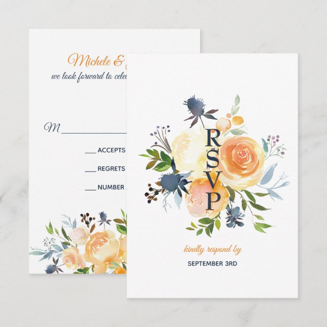 Floral Navy Blue Coral Wedding RSVP Card (Front/Back)
