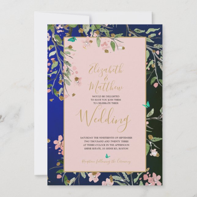 Floral Navy Blue Elegant Pink and Gold Chinoiserie Invitation (Back)