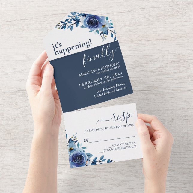 Floral Navy Blue Elegant Wedding All In One Invitation (Tearaway)