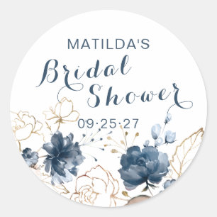 Floral navy blue & gold,  Bridal Shower Classic Round Sticker
