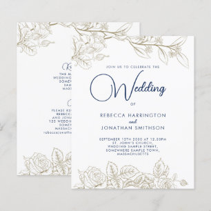 Floral Navy Blue Gold Budget Wedding Invitation