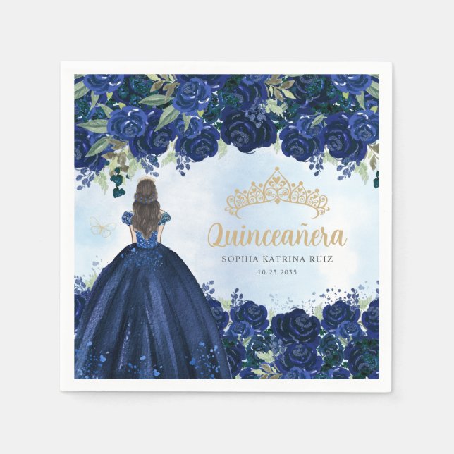 Floral Navy Blue Gold Dress Princess Quinceanera Napkin (Front)
