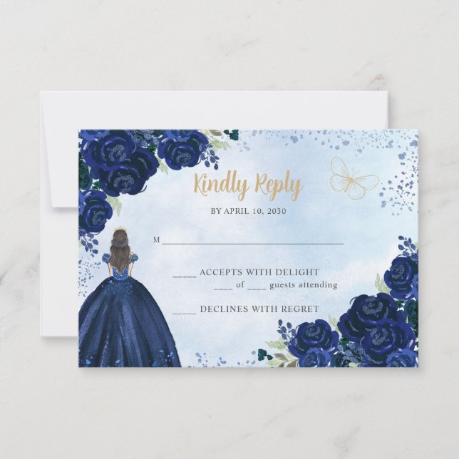 Floral Navy Blue Gold Glitter Princess Quinceañera RSVP Card (Front)