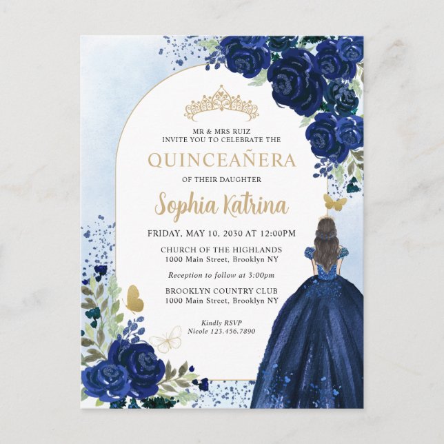 Floral Navy Blue Gold Gown Birthday Quinceanera Invitation Postcard (Front)
