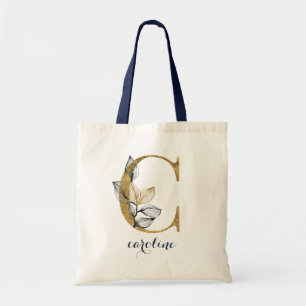 Floral Navy Blue Gold Leaf Personalised Letter "C" Tote Bag
