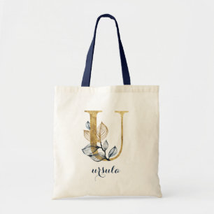 Floral Navy Blue Gold Leaf Personalised Letter "U" Tote Bag
