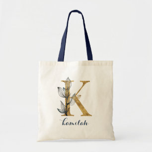 Floral Navy Blue Gold Leaf Personalized Letter "K" Tote Bag