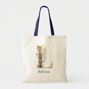 Floral Navy Blue Gold Leaf Personalized Letter "L" Tote Bag