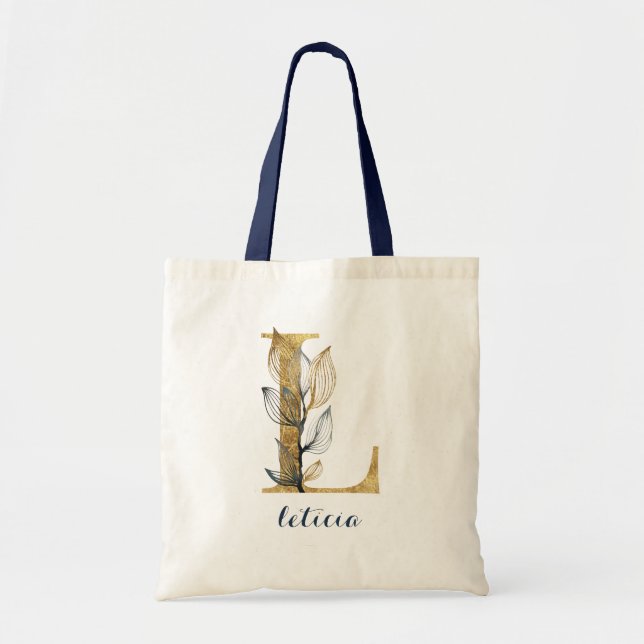 Floral Navy Blue Gold Leaf Personalized Letter "L" Tote Bag (Front)