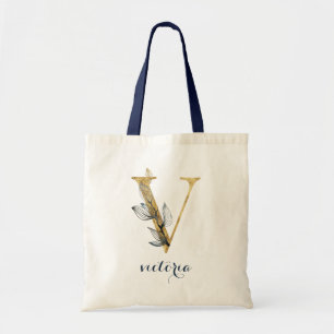 Floral Navy Blue Gold Leaf Personalized Letter "V" Tote Bag