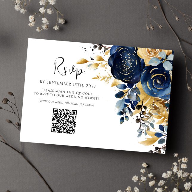 Floral Navy Blue Gold QR Code Wedding RSVP Card (Floral Navy Blue Gold QR Code Wedding RSVP Card)