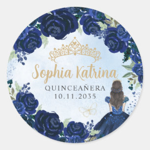 Floral Navy Blue Gold Quinceanera Birthday Favor Classic Round Sticker