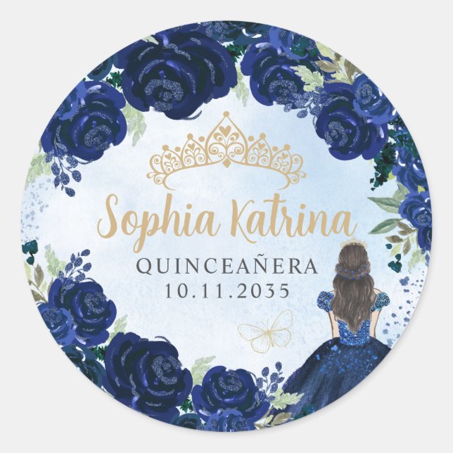 Floral Navy Blue Gold Quinceanera Birthday Favour Classic Round Sticker (Front)