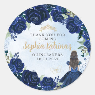 Floral Navy Blue Gold Quinceanera Birthday Favour Classic Round Sticker