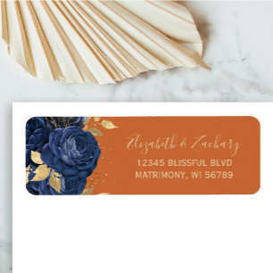 Floral Navy Blue Gold Rust Wedding Return Address