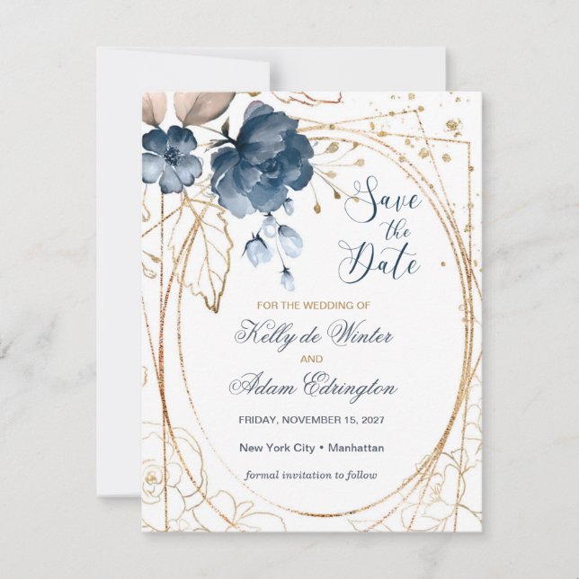 Floral navy blue, gold Save the Date Photo (Front)