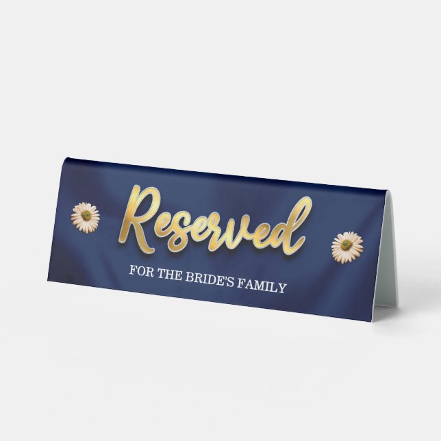 Floral Navy Blue Gold Script Wedding Reserved Seat (Front)