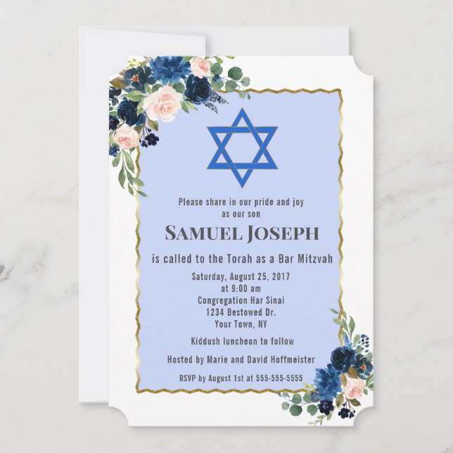 Floral Navy Blue Gold Star of David Bar Mitzvah Invitation (Front)
