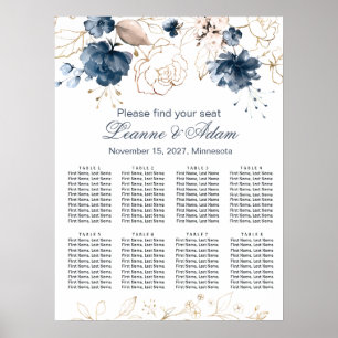 Floral navy blue & gold Wedding 8 Tables Seating Poster