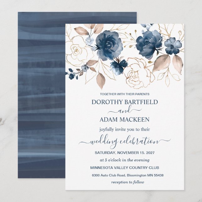 Floral navy blue & gold Wedding Invitation (Front/Back)
