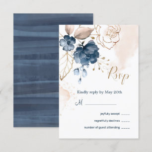 Floral navy blue & gold Wedding reply Invitation