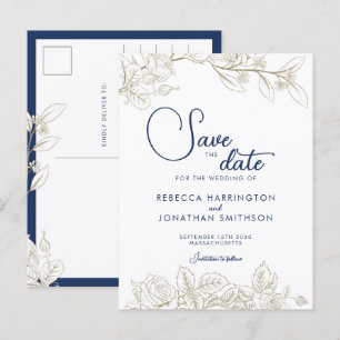 Floral Navy Blue Gold Wedding Save The Date  Postcard