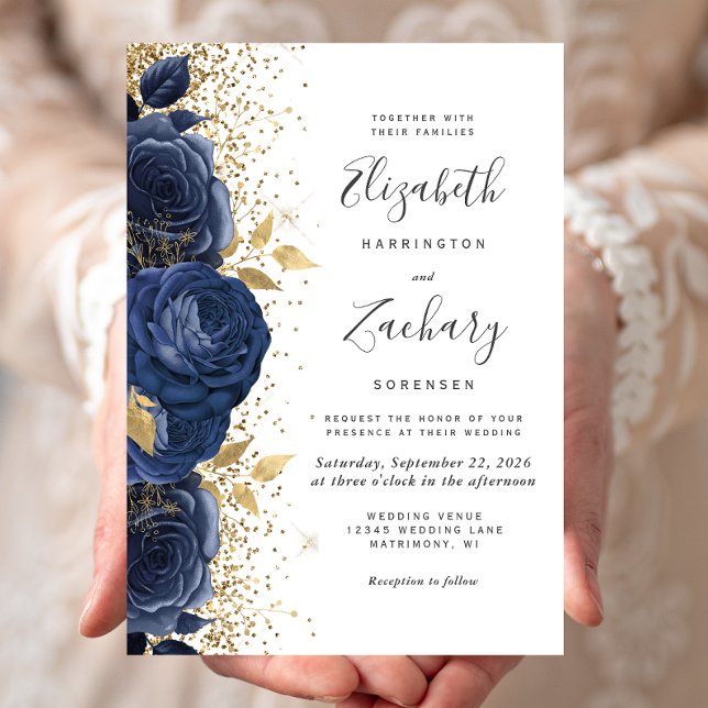 Floral Navy Blue Gold White Wedding Invitation (Creator Uploaded)