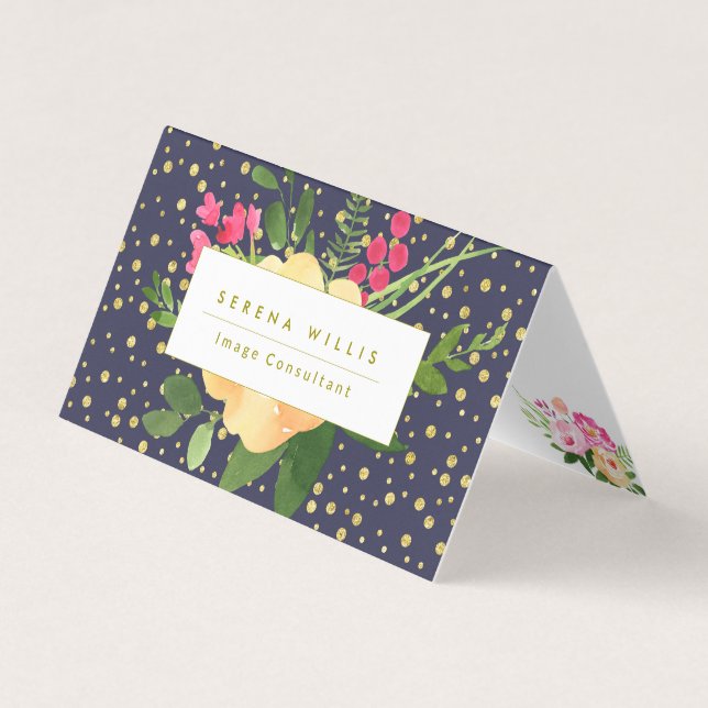 Floral Navy Blue Gold Yellow Dots Pattern Business Card (Front)