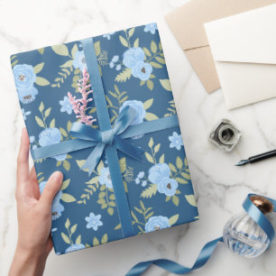 Floral Navy Blue Greenery Blue Stripes Wrapping Paper