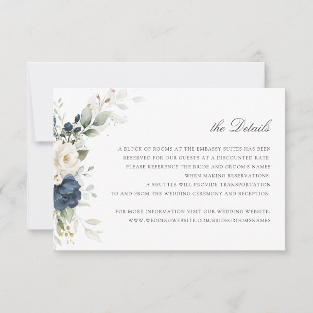 Floral Navy Blue Greenery Wedding Details Insert Invitation (Front)