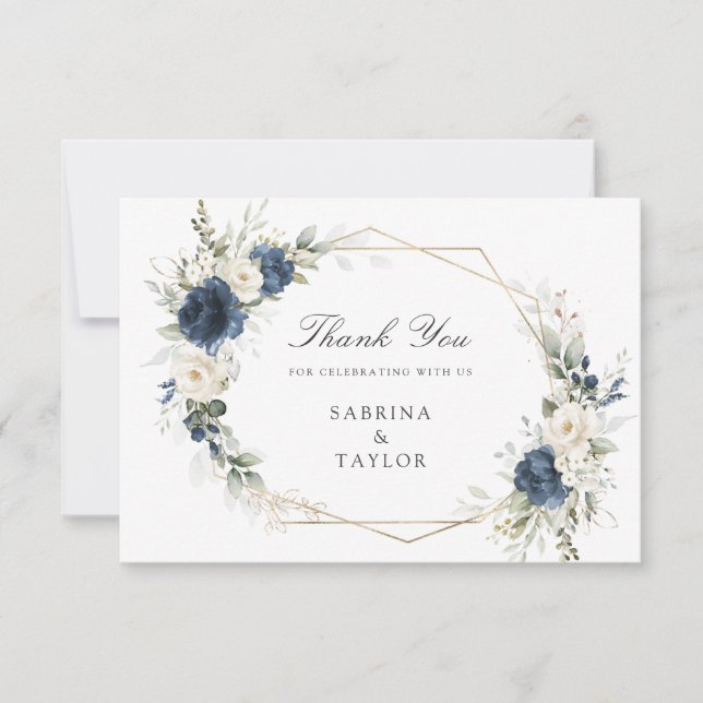 Floral Navy Blue Greenery Wedding Thank You Card (Front)