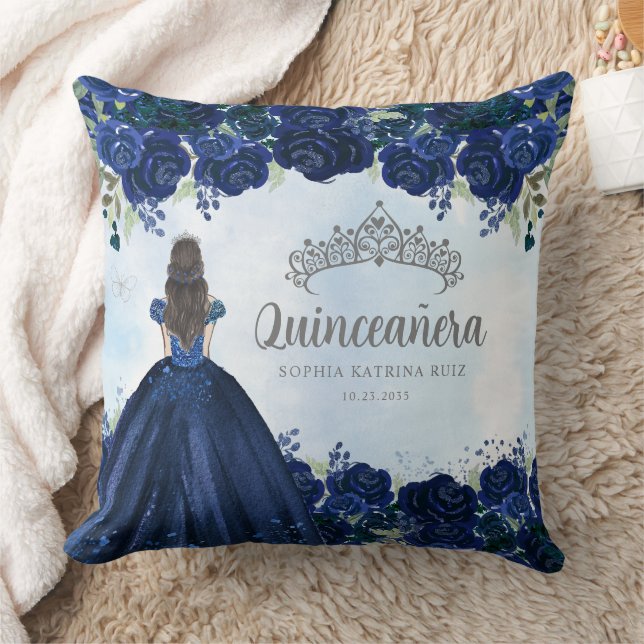 Floral Navy Blue Grey Princess Tiara Quinceanera  Cushion (Blanket)
