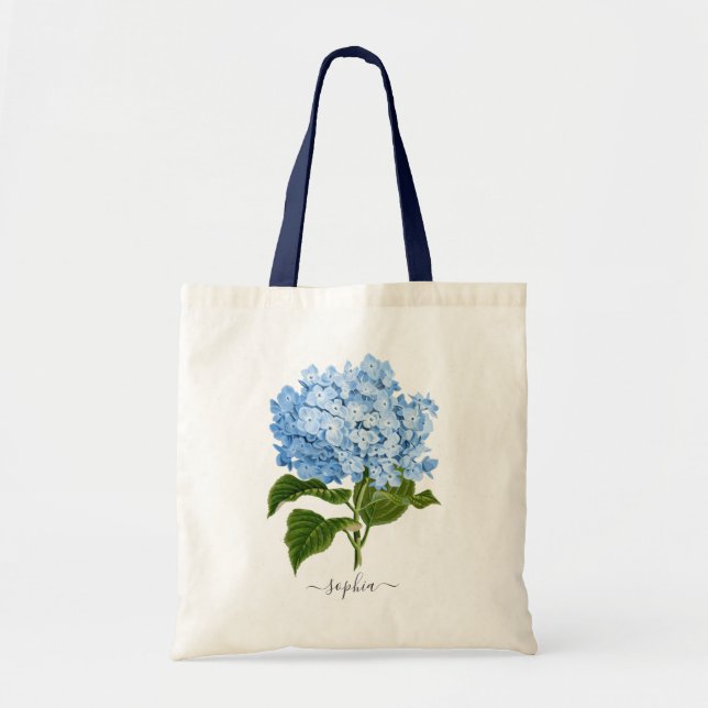 Floral Navy Blue Hydrangea Botanical Personalised Tote Bag (Front)