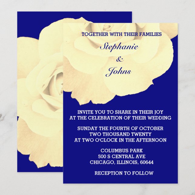Floral Navy Blue Ivory White Rose Flower Wedding Invitation (Front/Back)