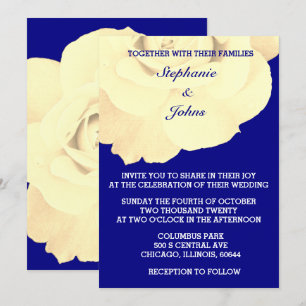 Floral Navy Blue Ivory White Rose Flower Wedding Invitation