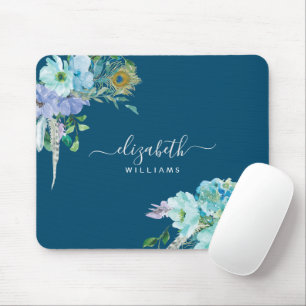 Floral Navy Blue Mint Foliage Botanical Script Mouse Mat