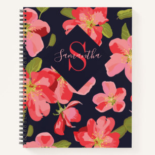 Floral Navy Blue Monogram Name Botanical Notebook