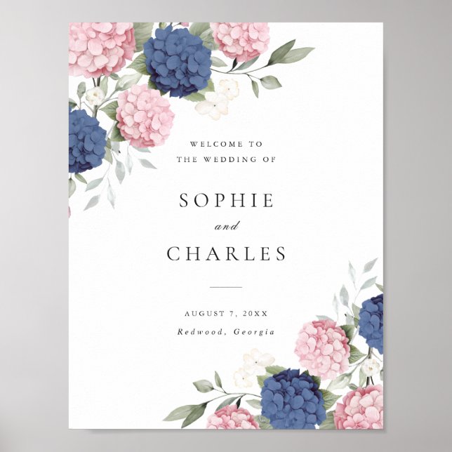 Floral Navy Blue Pink Hydrangea Wedding Welcome Poster (Front)