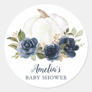 Floral Navy Blue Pumpkin Baby Shower Classic Round Sticker