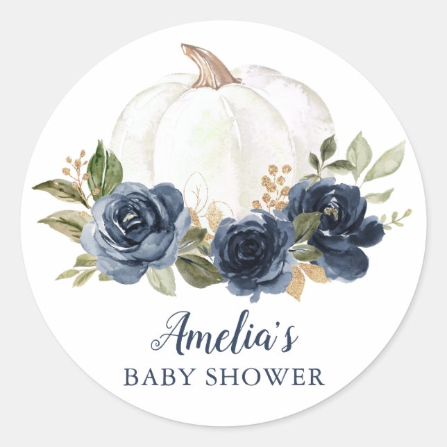 Floral Navy Blue Pumpkin Baby Shower Classic Round Sticker (Front)