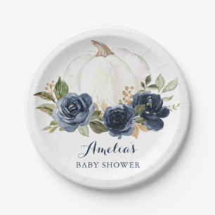 Floral Navy Blue Pumpkin Baby Shower Fall Paper Plate