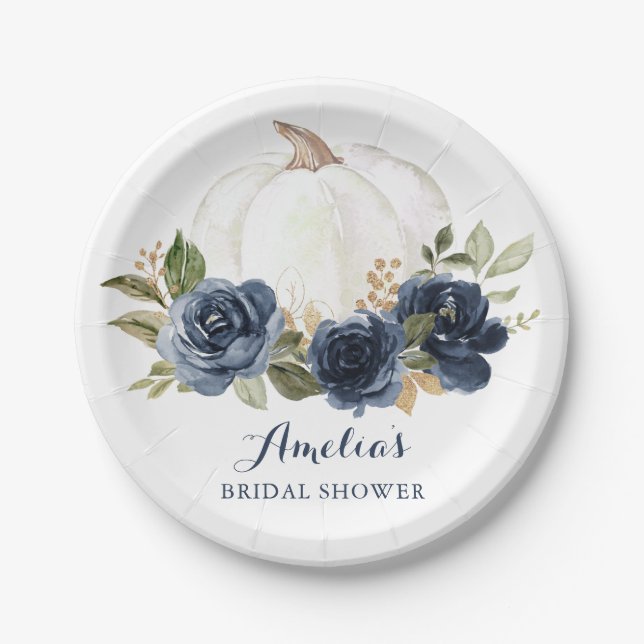 Floral Navy Blue Pumpkin Bridal Shower Fall Paper Plate (Front)