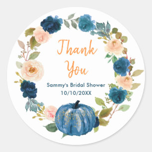Floral Navy Blue Pumpkin Bridal Shower Thank You Classic Round Sticker