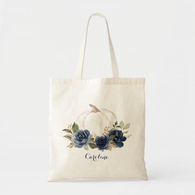 Floral Navy Blue Pumpkin Fall Bridesmaids Tote Bag (Front)