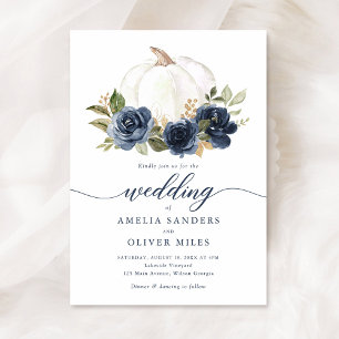 Floral Navy Blue Pumpkin Fall Greenery Wedding Invitation