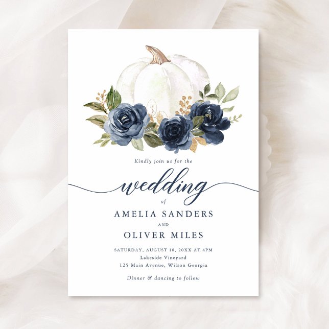 Floral Navy Blue Pumpkin Fall Greenery Wedding Invitation (Creator Uploaded)