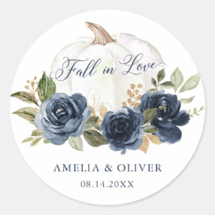 Floral Navy Blue Pumpkin Fall in Love Wedding Classic Round Sticker
