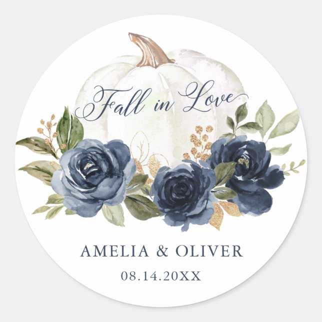 Floral Navy Blue Pumpkin Fall in Love Wedding Classic Round Sticker (Front)